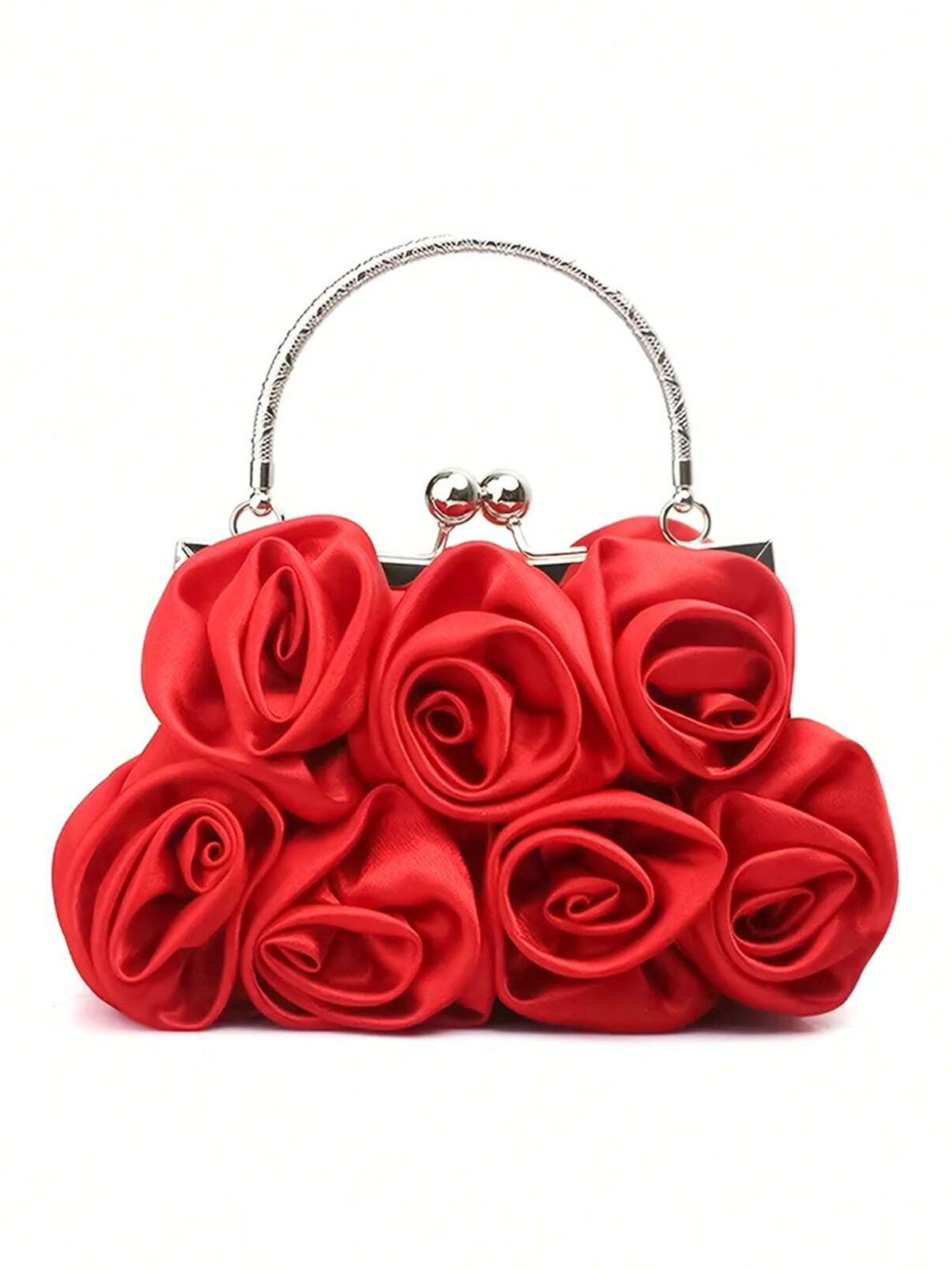 Elegent Flower Decorated Satin Metal Handle Evening Clutch with Chain Strap