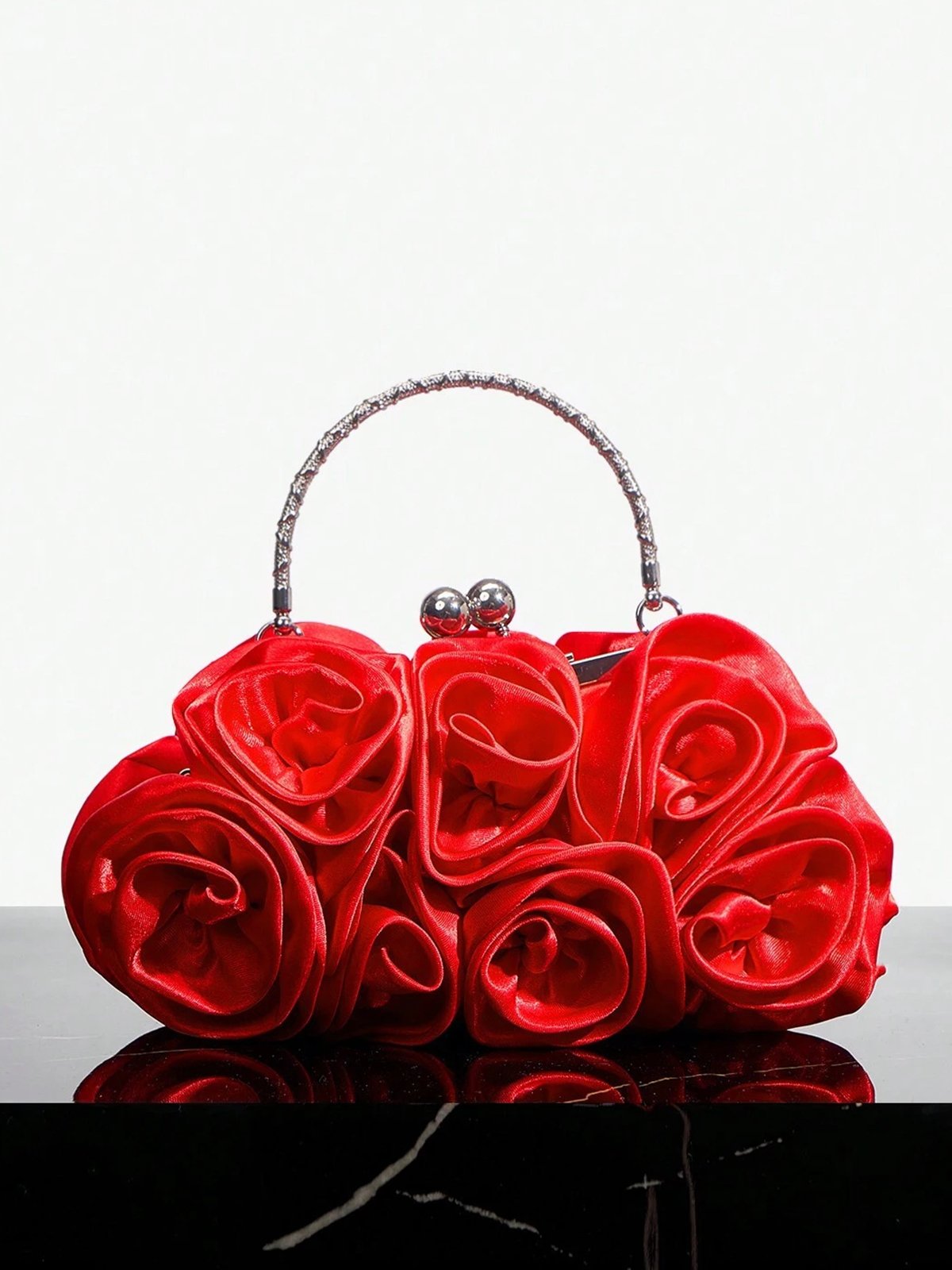 Elegent Flower Decorated Satin Metal Handle Evening Clutch with Chain Strap