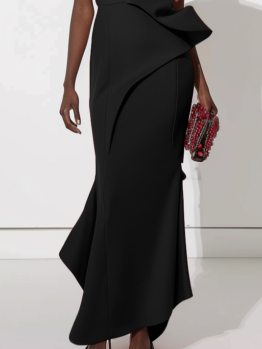 Black Ruched One Shoulder Sleeveless Sheath Maxi Dress