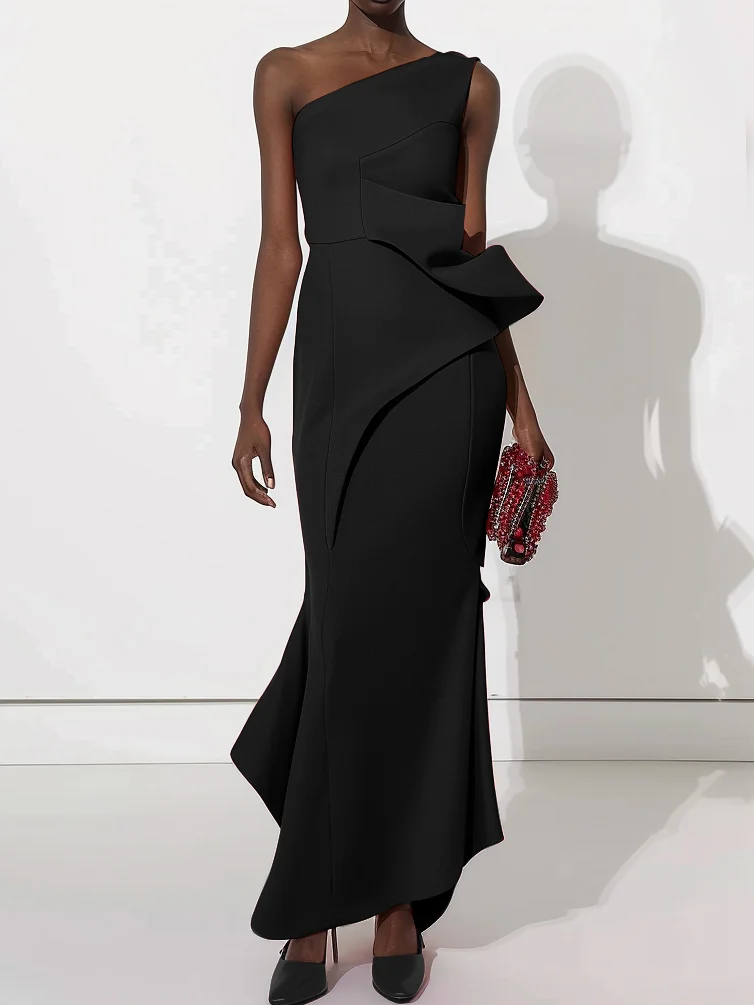 Black Ruched One Shoulder Sleeveless Sheath Maxi Dress