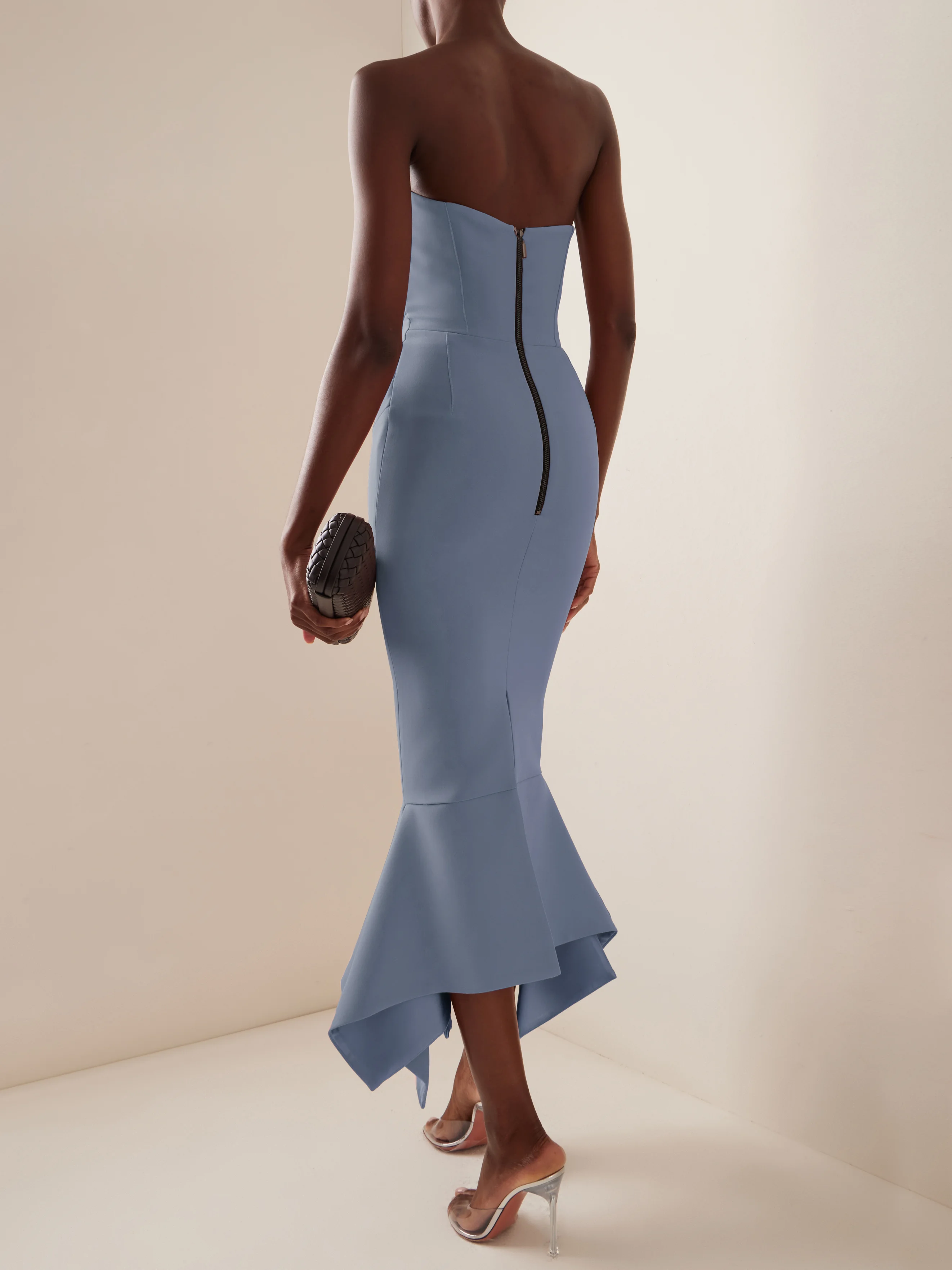 Blue Strapless Sheath Maxi Dress with Flouncing Skirt