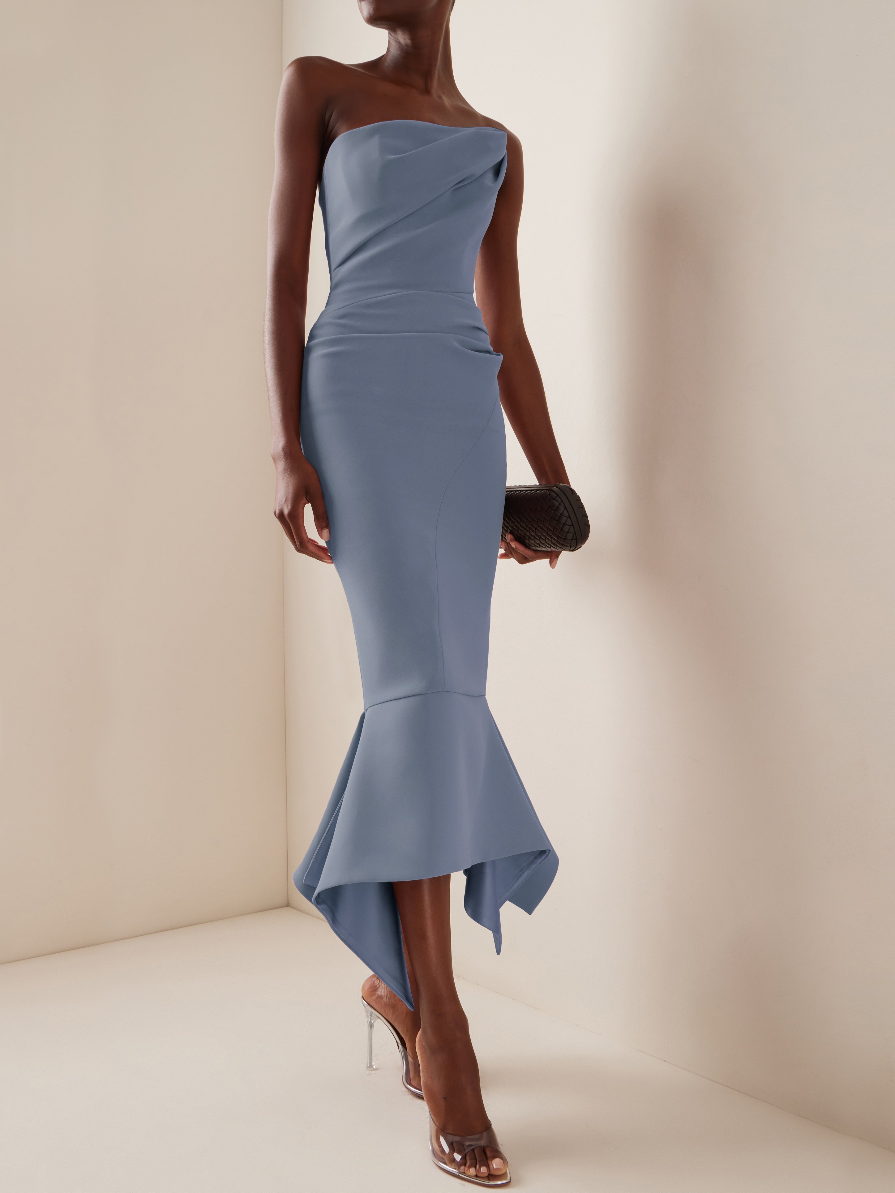 Blue Strapless Sheath Maxi Dress with Flouncing Skirt