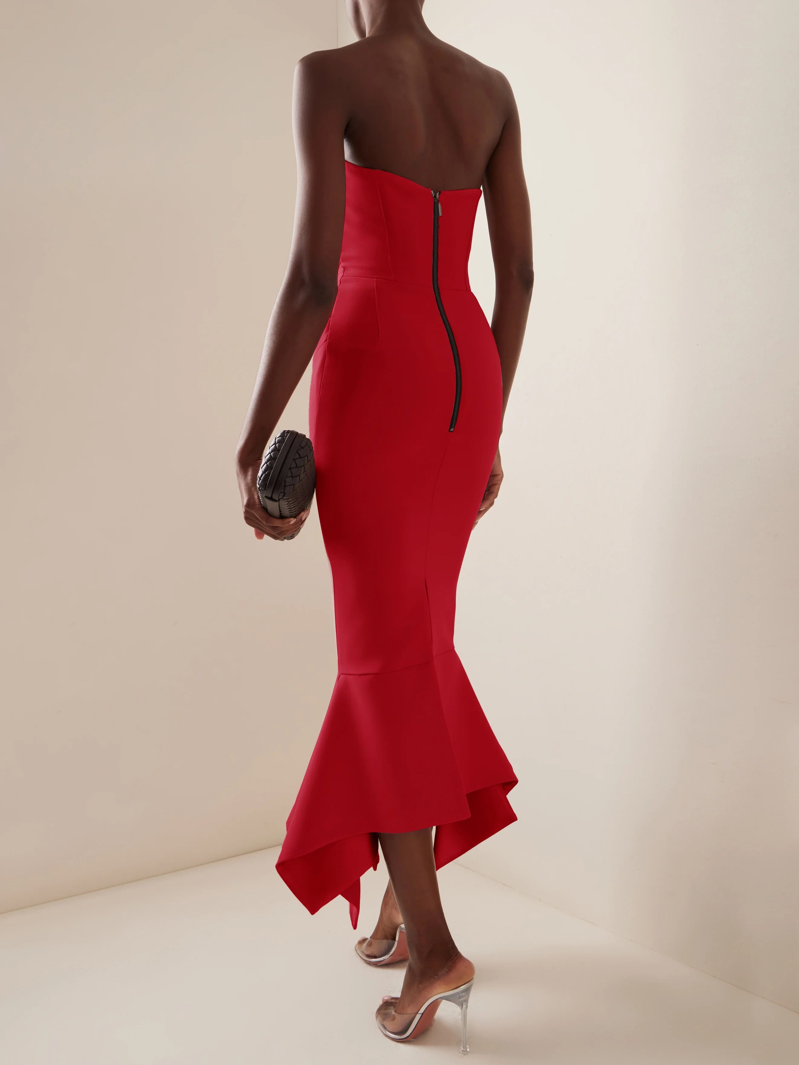 Red Sleeveless Midi Ruched Sheath Dress