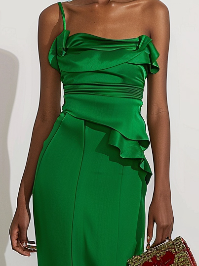 Green Ruched One Shoulder Sleeveless Maxi Dress