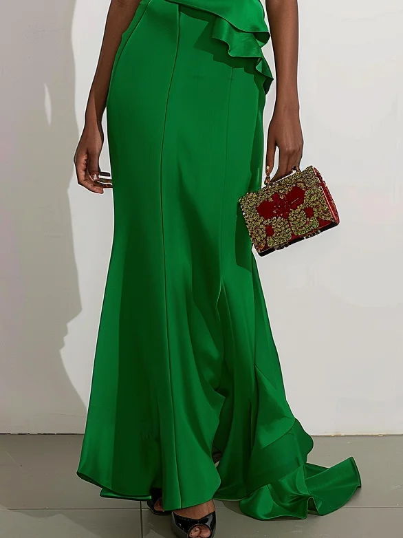 Green Ruched One Shoulder Sleeveless Maxi Dress