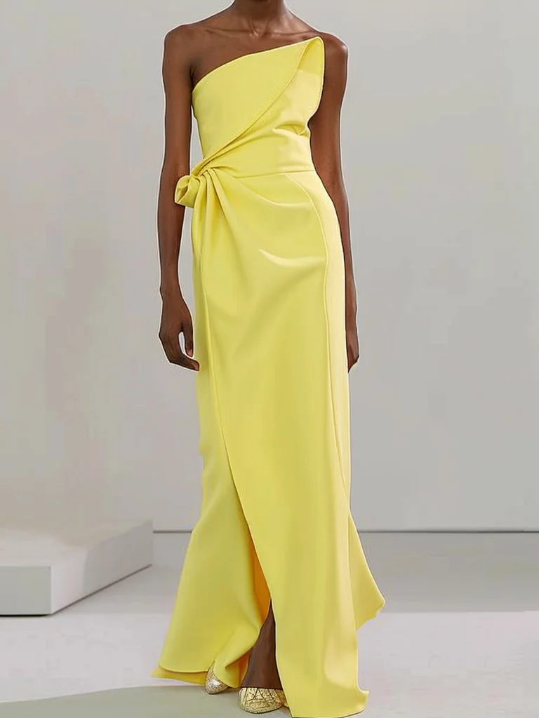 Yellow 3D Floral Ruched Strapless A-Line Gown