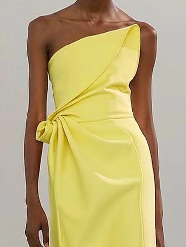 Yellow 3D Floral Ruched Strapless A-Line Gown