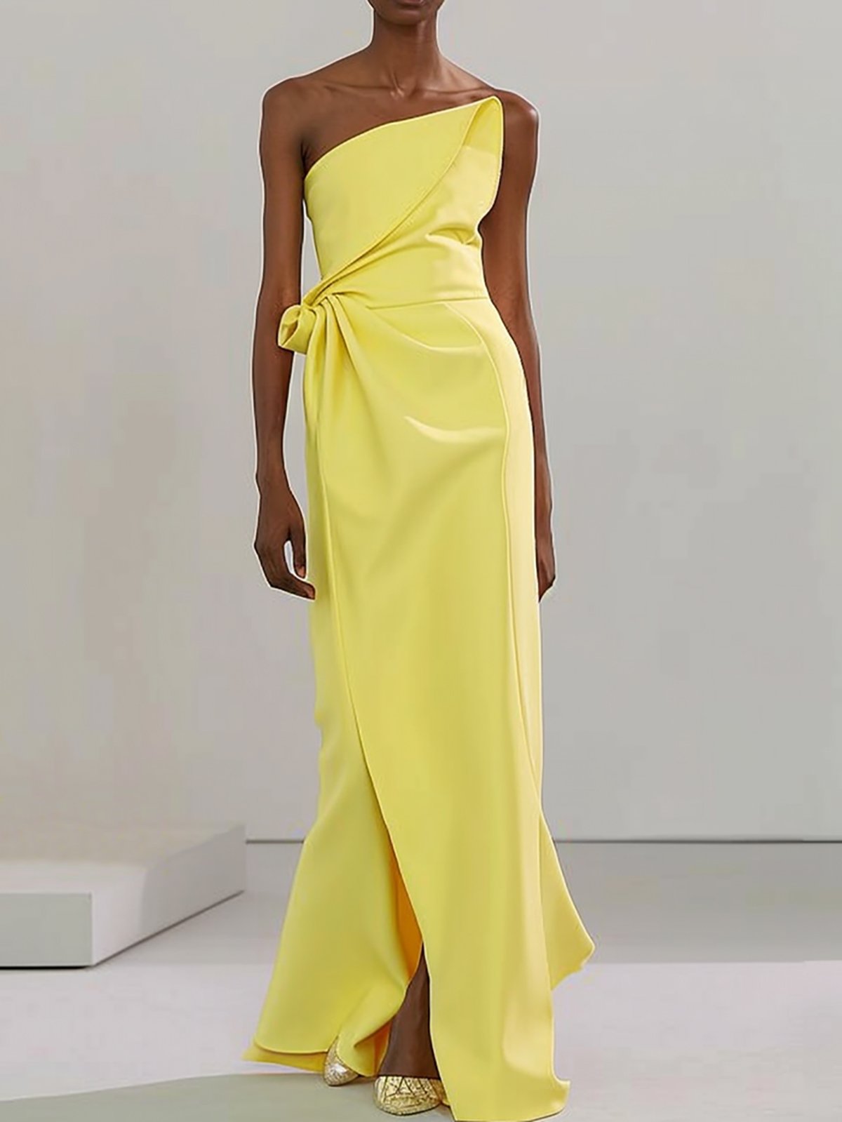 Yellow 3D Floral Ruched Strapless A-Line Gown