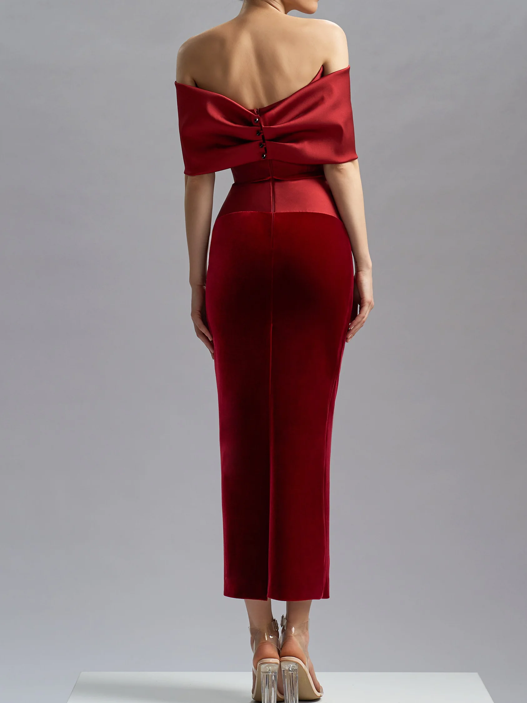 Wine Red Off The Shoulder Velvet Sheath Maxi Dress