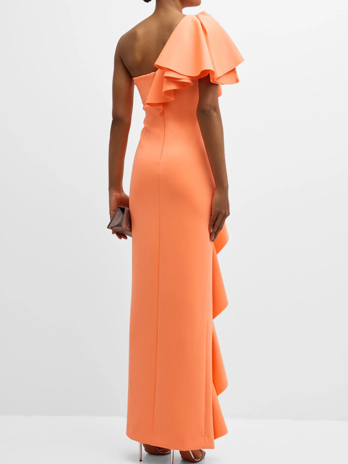 Orange Ruffled One Shoulder Slit A-Line Maxi Dress