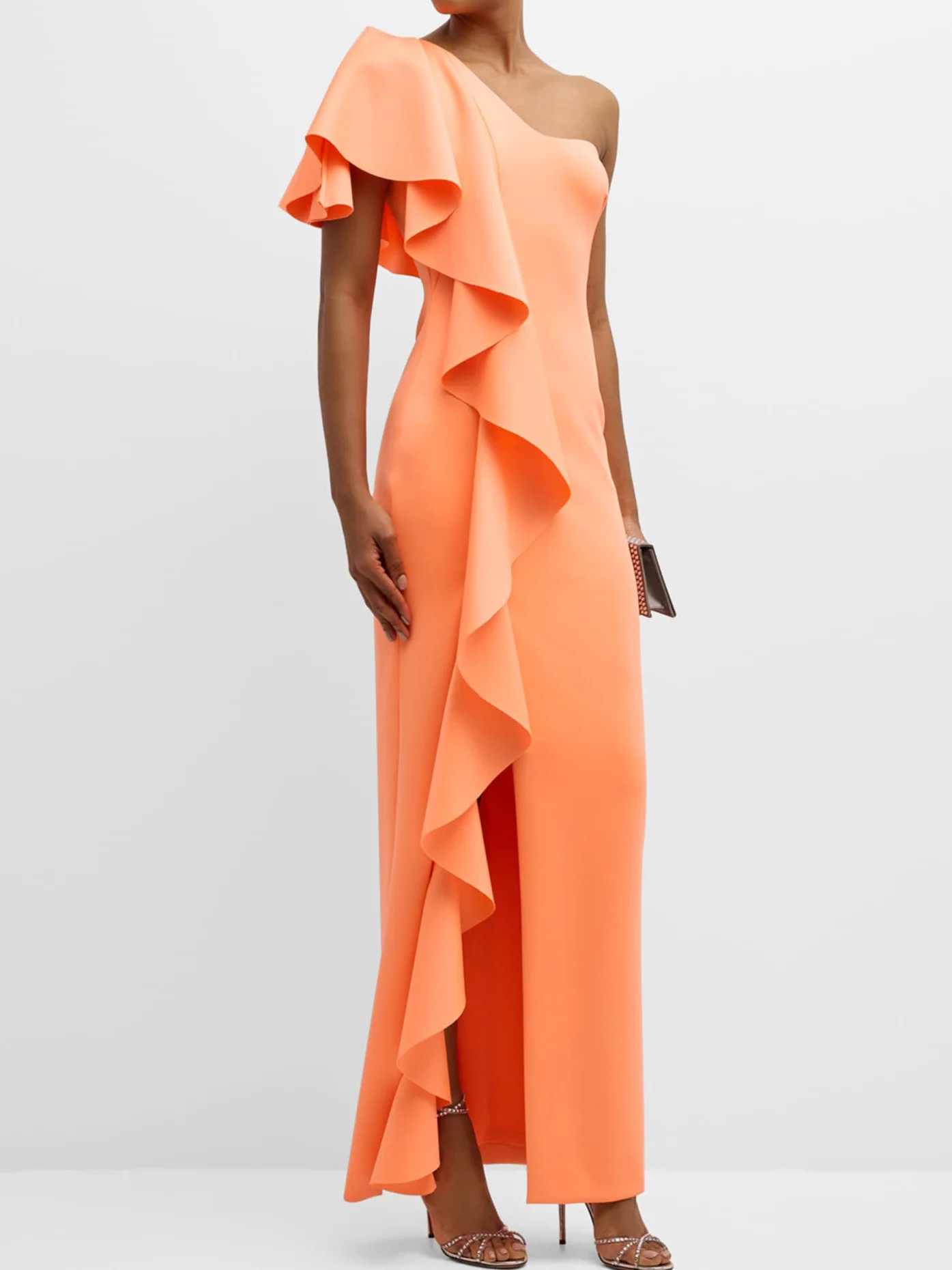 Orange Ruffled One Shoulder Slit A-Line Maxi Dress