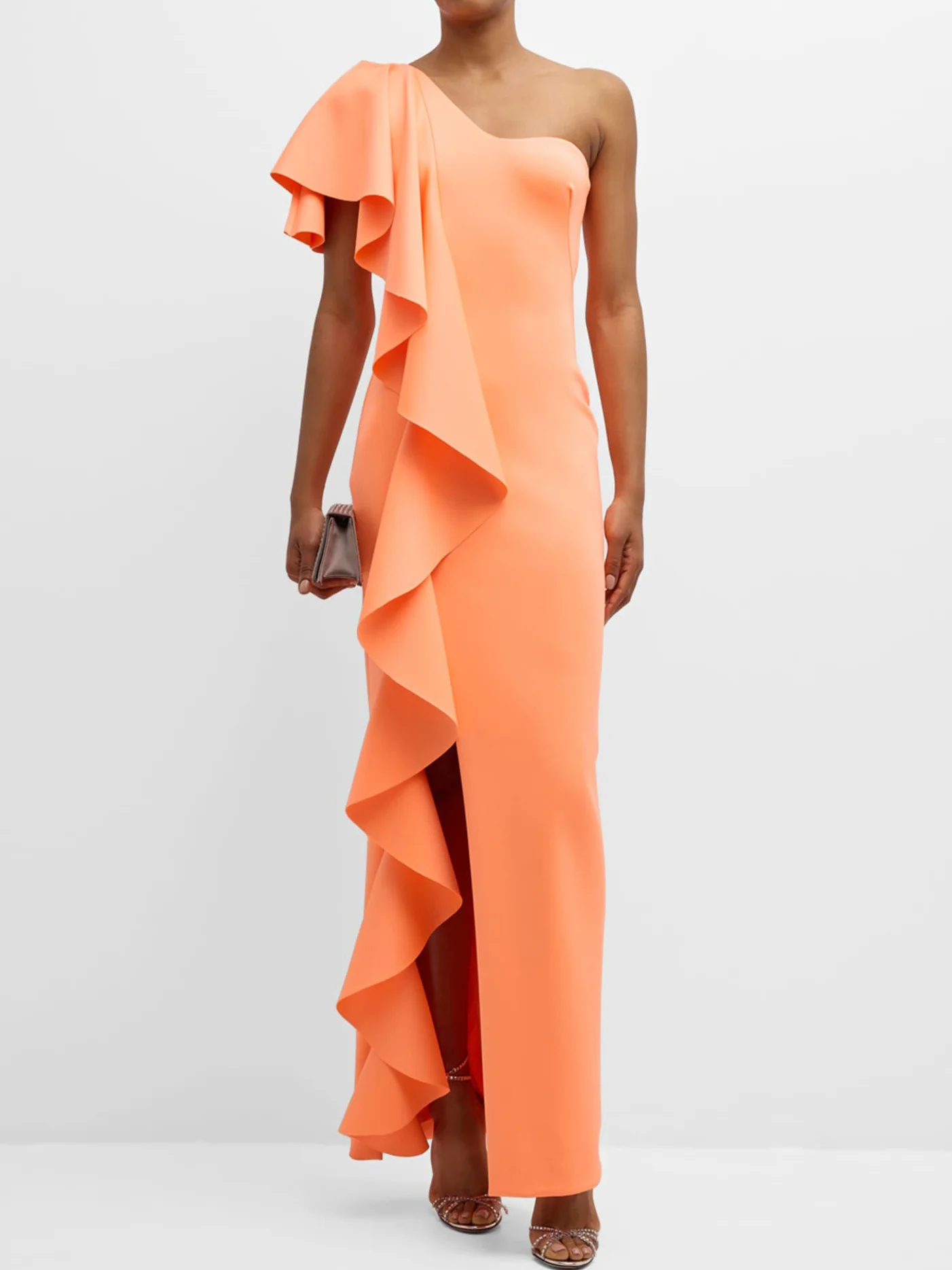 Orange Ruffled One Shoulder Slit A-Line Maxi Dress