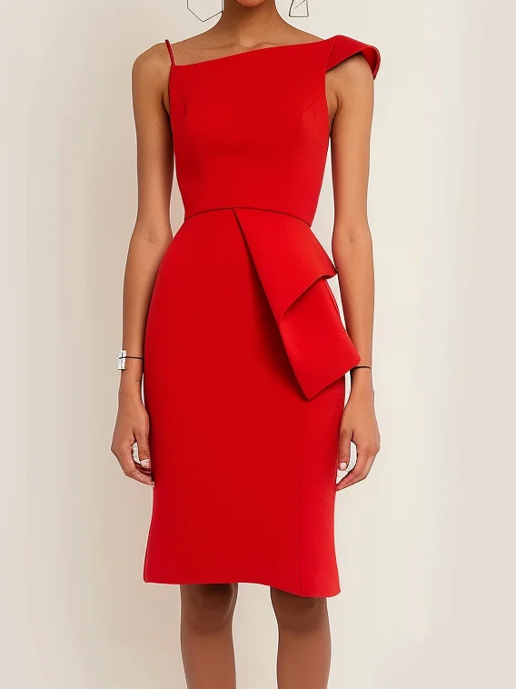 Red One Shoulder Sleeveless Sheath MidiDress