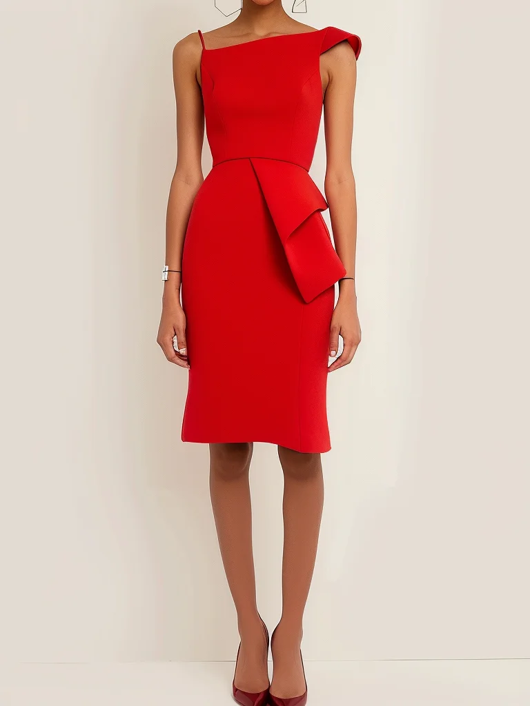 Red One Shoulder Sleeveless Sheath MidiDress