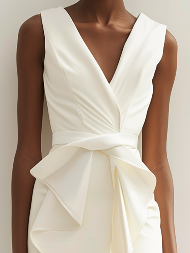 White V Neck Sleeveless Sheath MidiDress