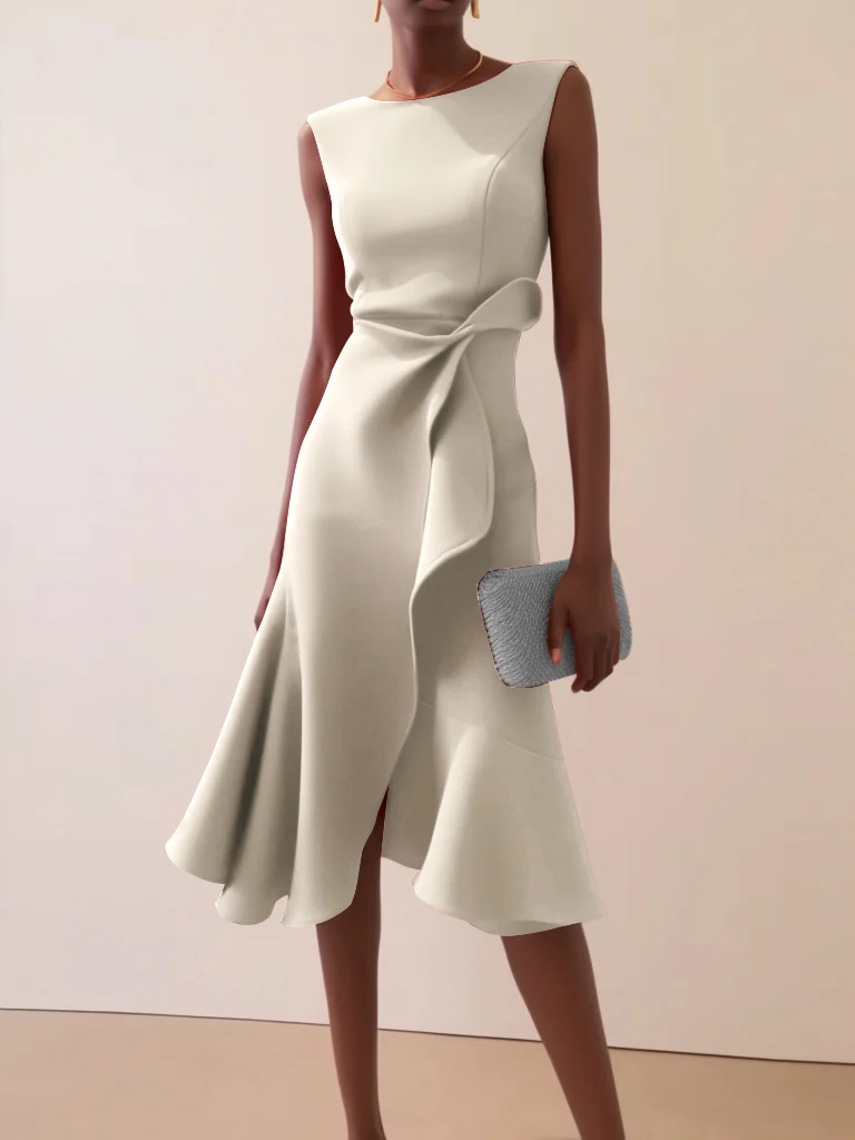 Apricot White Sleeveless Midi Elegant A-line Dress with Waist Twist for Day-to-Night