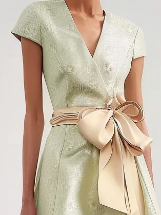 Green Bow V Neck Short Sleeve A-Line Midi Dress