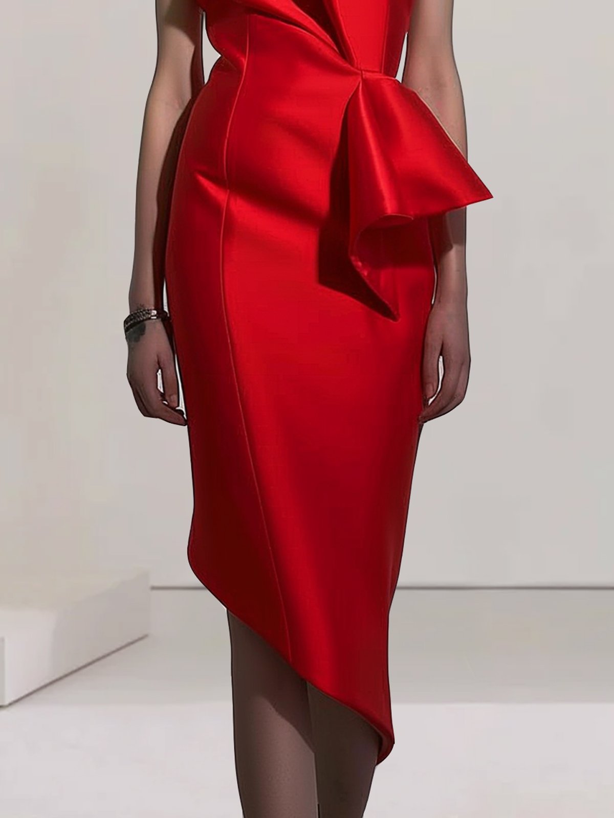 Red Ruched Off The Shoulder Sheath Midi Dress 