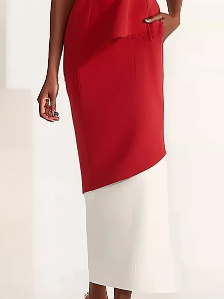 Red Color Block Off The Shoulder Sheath Midi Dress