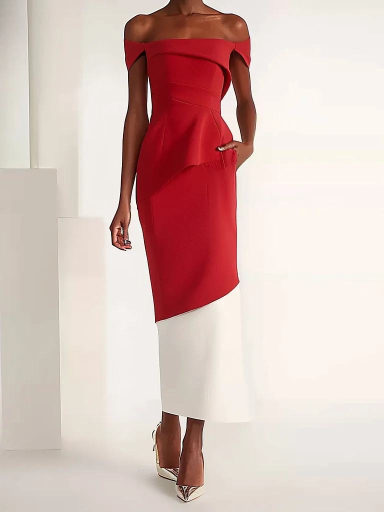 Red Color Block Off The Shoulder Sheath Midi Dress