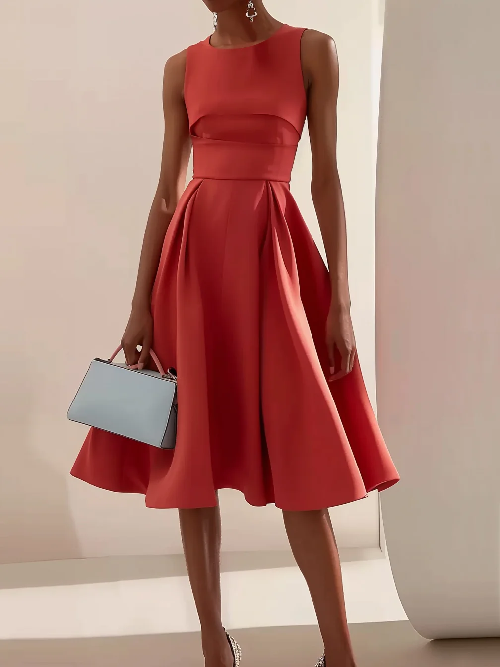 Red Sleeveless A-line Midi Dress