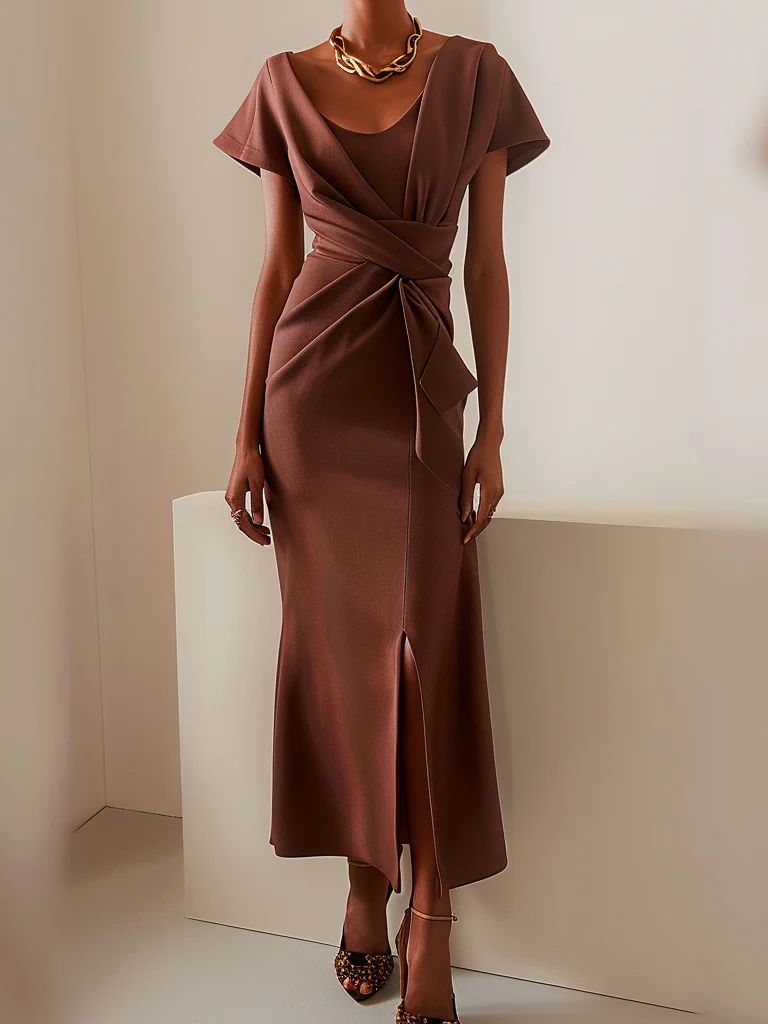 Brown Ruched Short Sleeve A-Line Midi Dress