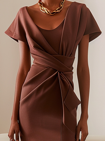 Brown Ruched Short Sleeve A-Line Midi Dress