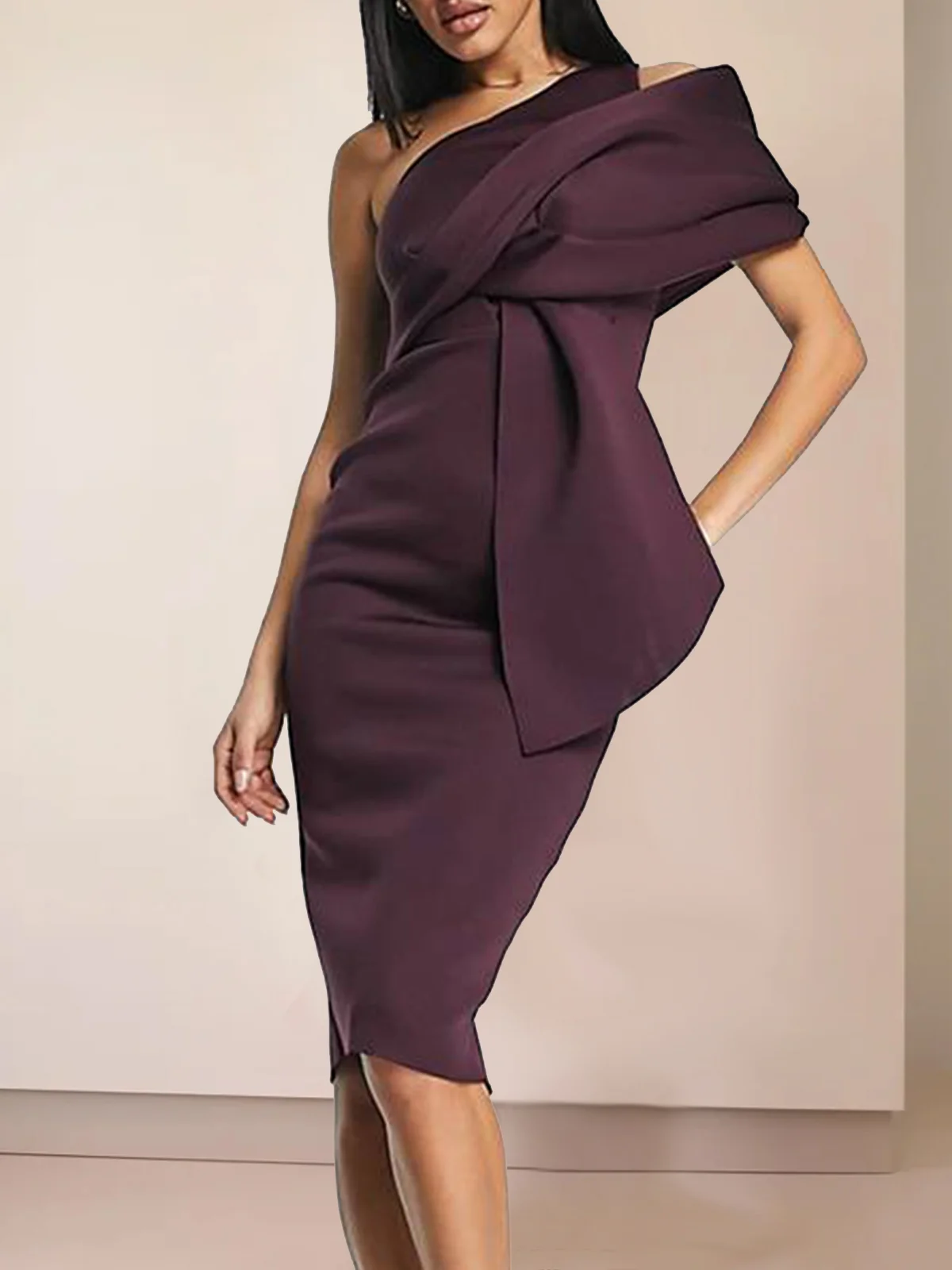 Coffee Brown One Shoulder Ruched Simple Dress