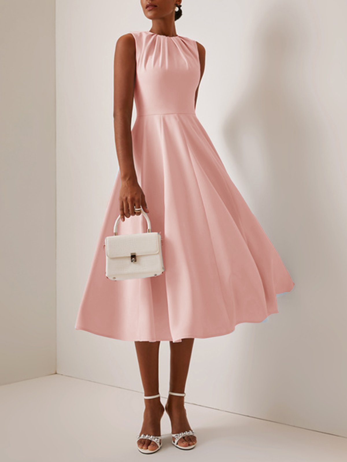 Pink Ruched Crew Neck Sleeveless A-line Midi Dress