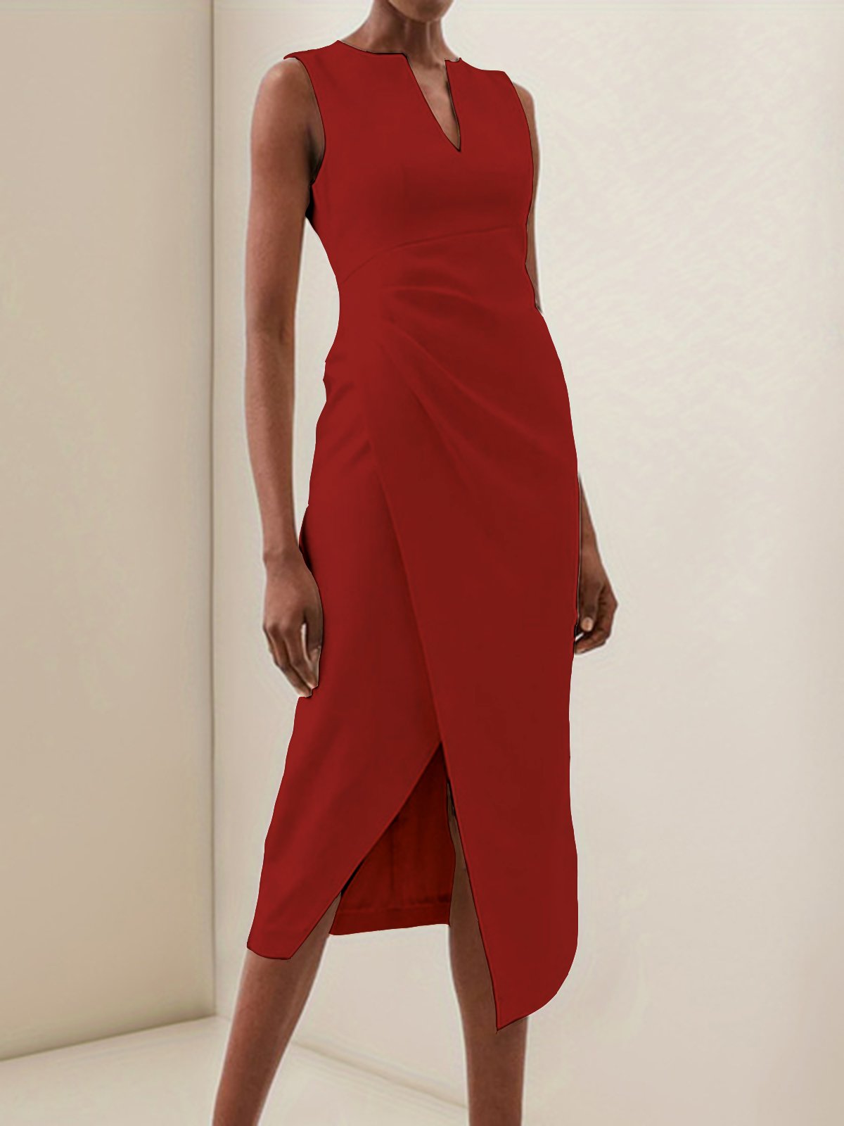 Red V Neck Sleeveless Slit Sheath Midi Dress