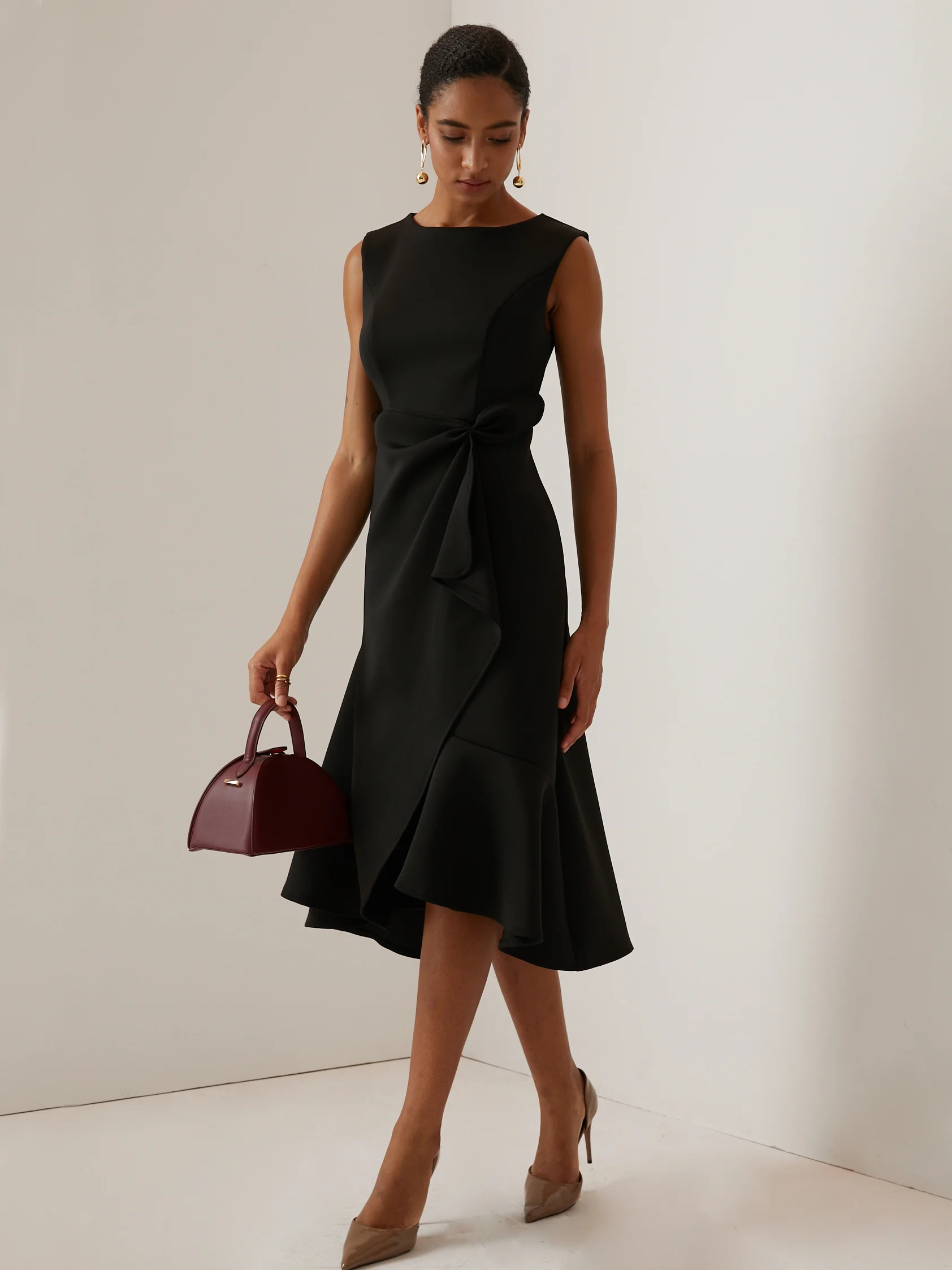 Red Sleeveless Midi Elegant A-line Dress with Waist Twist for Day-to-Night