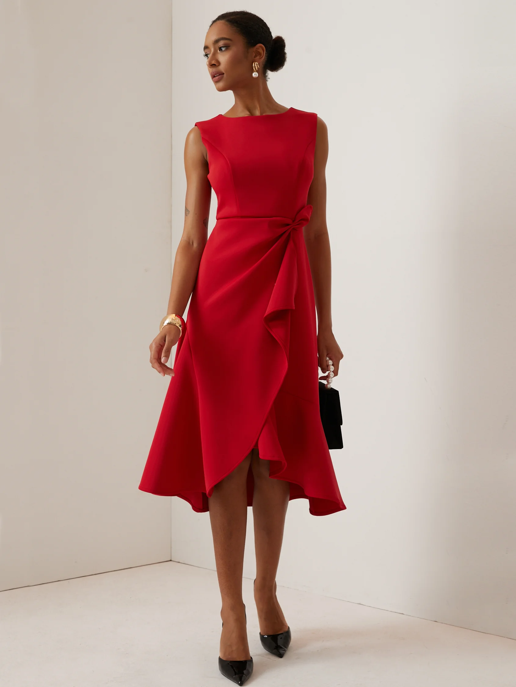 Red Sleeveless Midi Elegant A-line Dress with Waist Twist for Day-to-Night