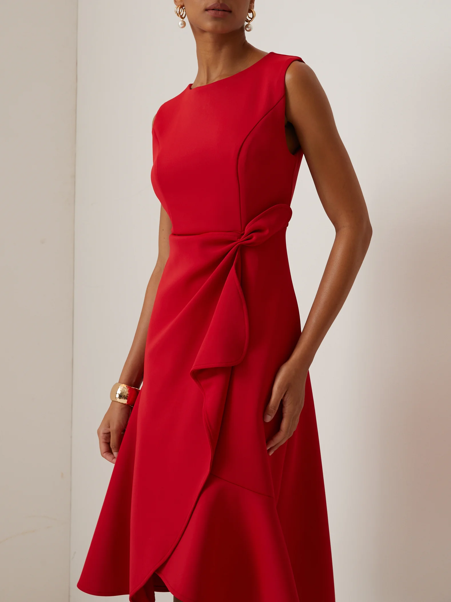 Red Sleeveless Midi Elegant A-line Dress with Waist Twist for Day-to-Night