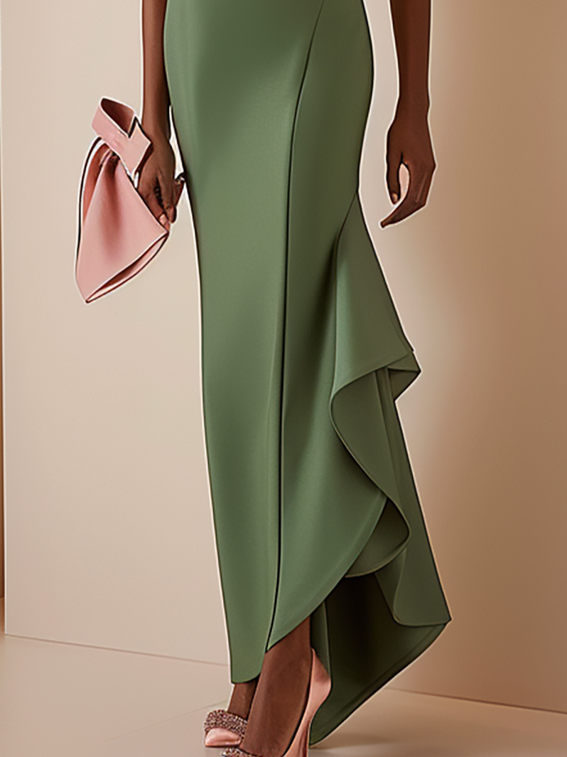 Green Ruched Off The Shoulder Floor Length Dress With Rhinestone Belt