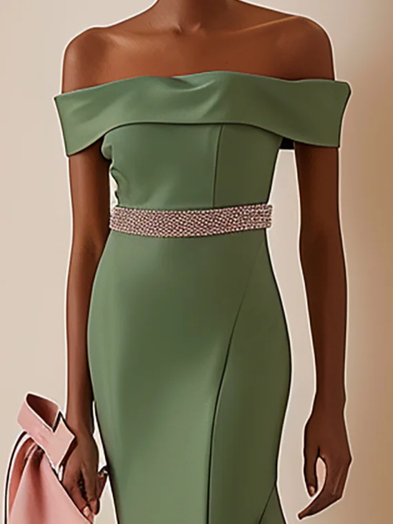 Green Ruched Off The Shoulder Floor Length Dress With Rhinestone Belt