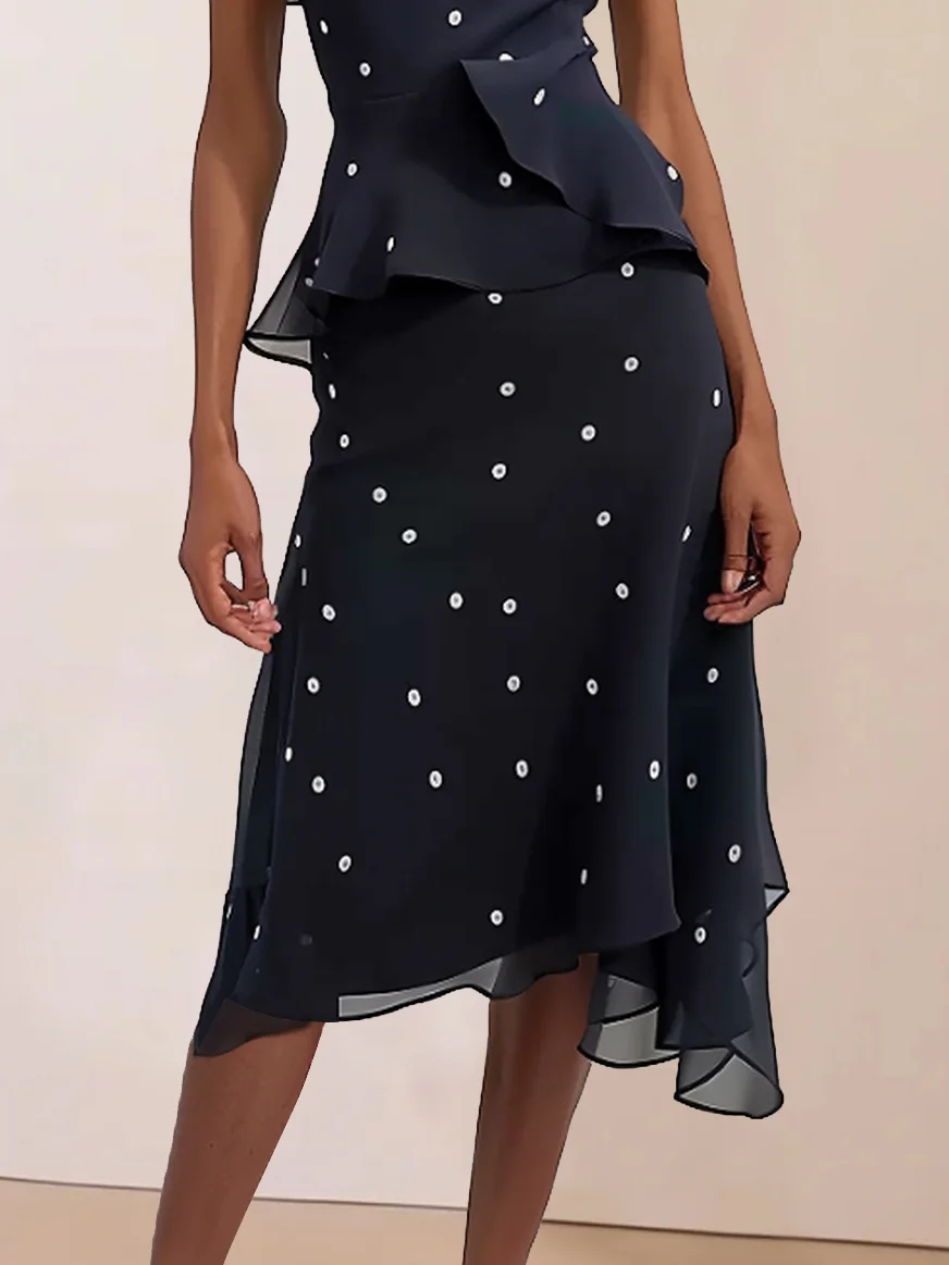 Blue Polka Dots Petal Sleeve A-Line Midi Dress