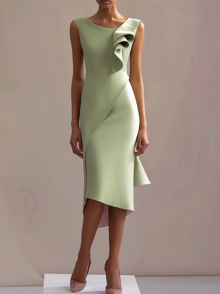 Green Draped Crew Neck Sleeveless Midi Dress