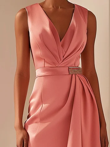 Pink V Neck Sleeveless A-Line Midi Dress