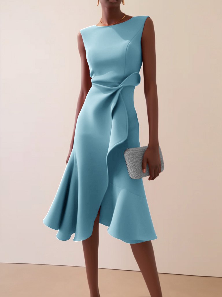 Light Blue Waist Twist Ruffled Sleeveless A-Line Midi Dress