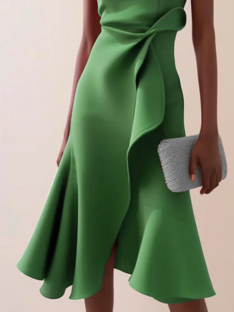 Green Waist Twist Ruffled Sleeveless A-Line Midi Dress