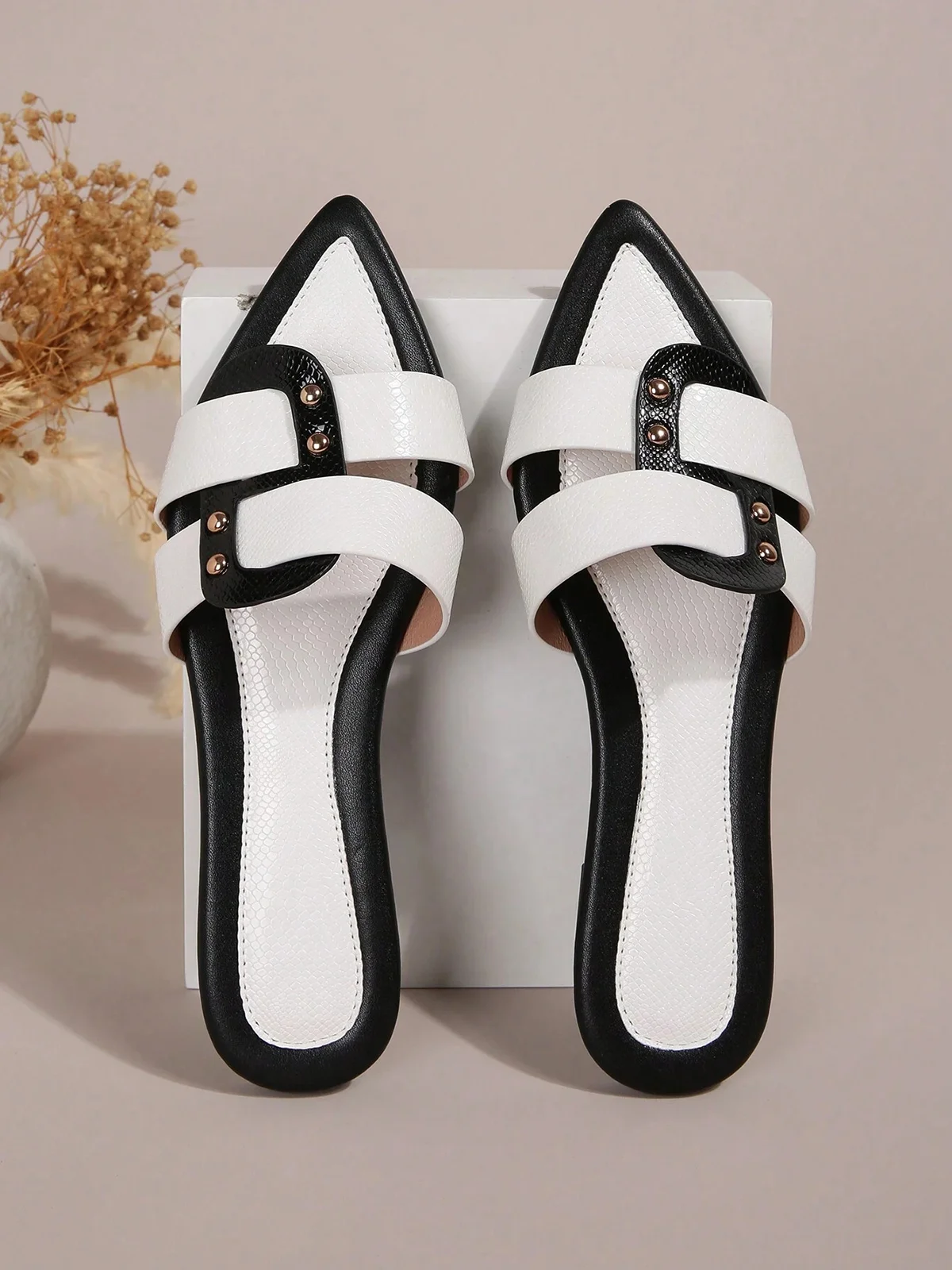 Black-white Color Block Weave Rivet Embossed Slide Sandals