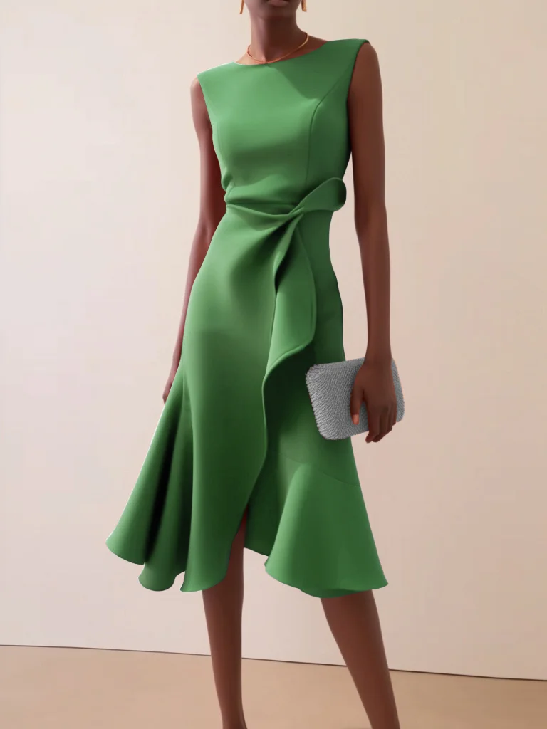 Green Waist Twist Ruffled Sleeveless A-Line Midi Dress