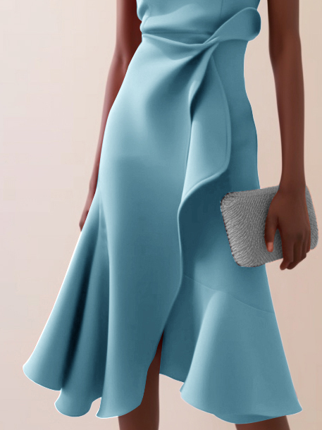 Light Blue Waist Twist Ruffled Sleeveless A-Line Midi Dress