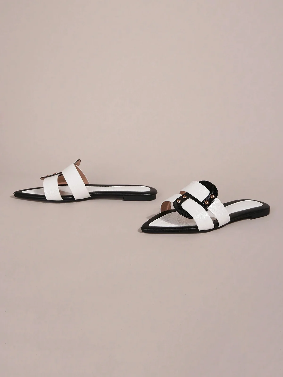 Black-white Color Block Weave Rivet Embossed Slide Sandals