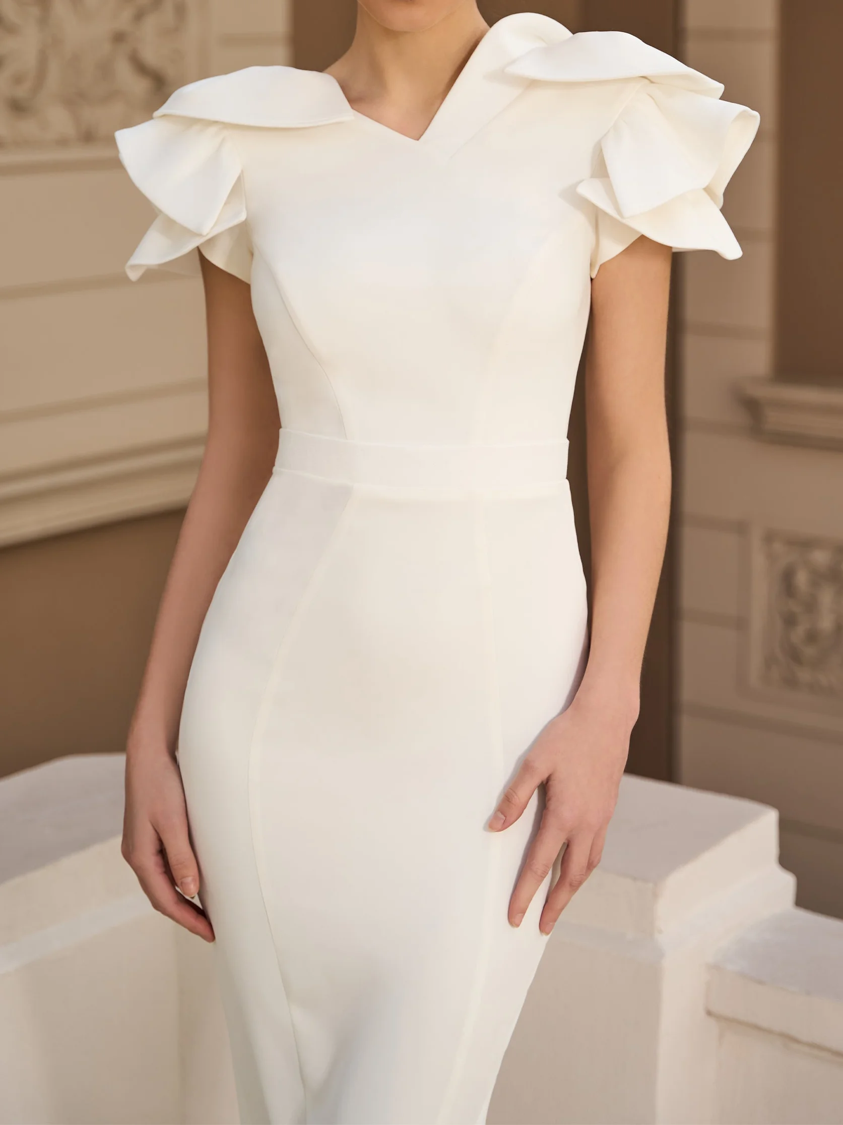 White Petal Sleeve Sheath Midi Dress