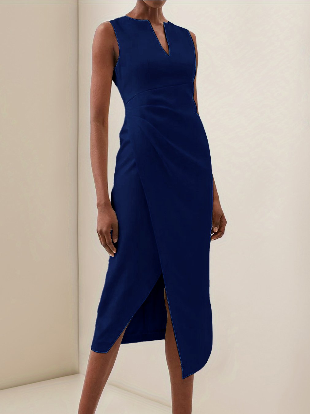 Purplish Blue V Neck Sleeveless Slit Sheath Midi Dress