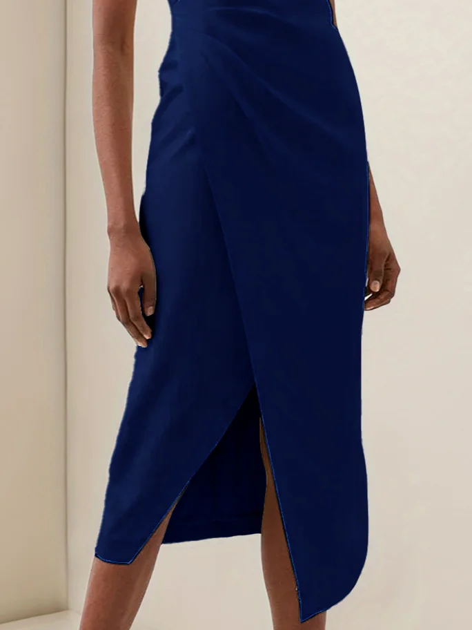 Purplish Blue V Neck Sleeveless Slit Sheath Midi Dress