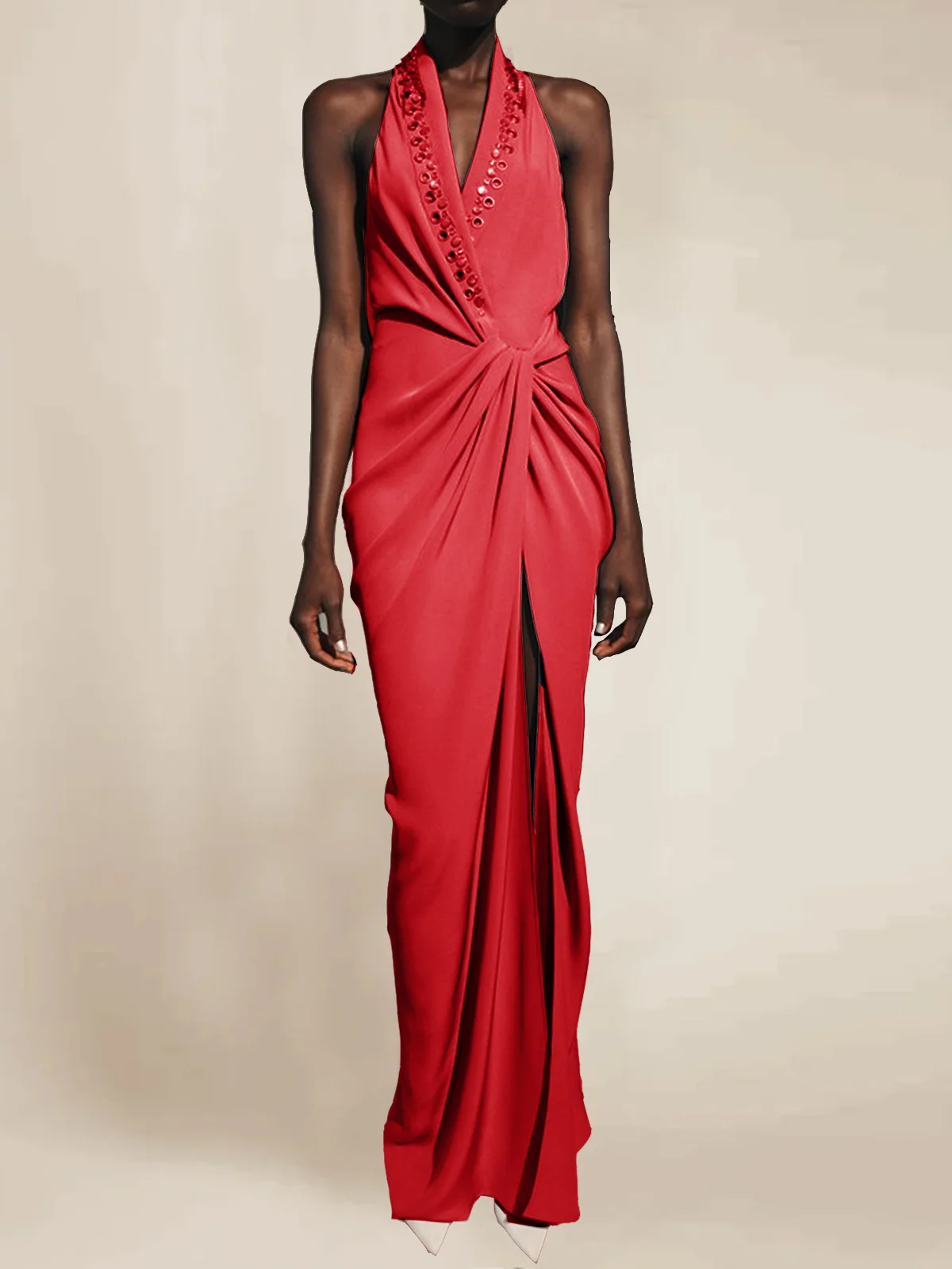 Red Halter Rhinestones Knot Front Slit Sheath Maxi Dress 