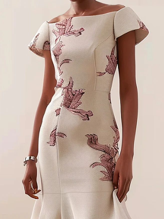 Apricot White Floral Off The Shoulder Mermaid Midi Dress