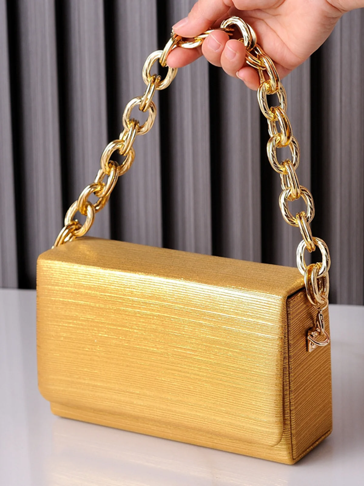 Metal Chain Square Shoulder Bag with Detachable Crossbody Strap